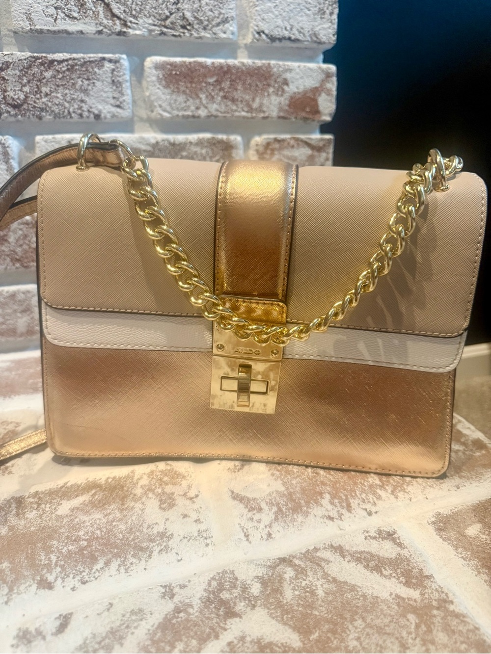 Aldo Elegant Cream & Rose Gold Chain Shoulder Bag Convertible to Crossbody